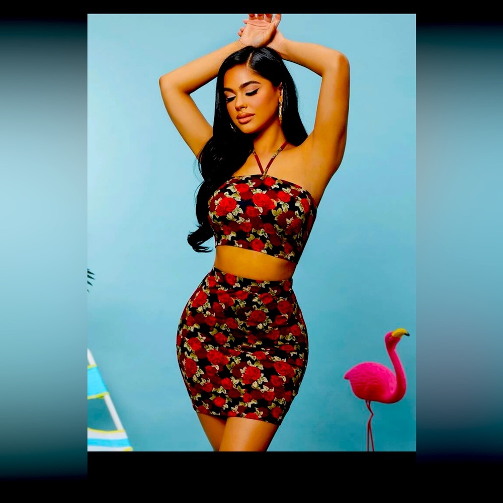 2 piece floral halter and skirt set